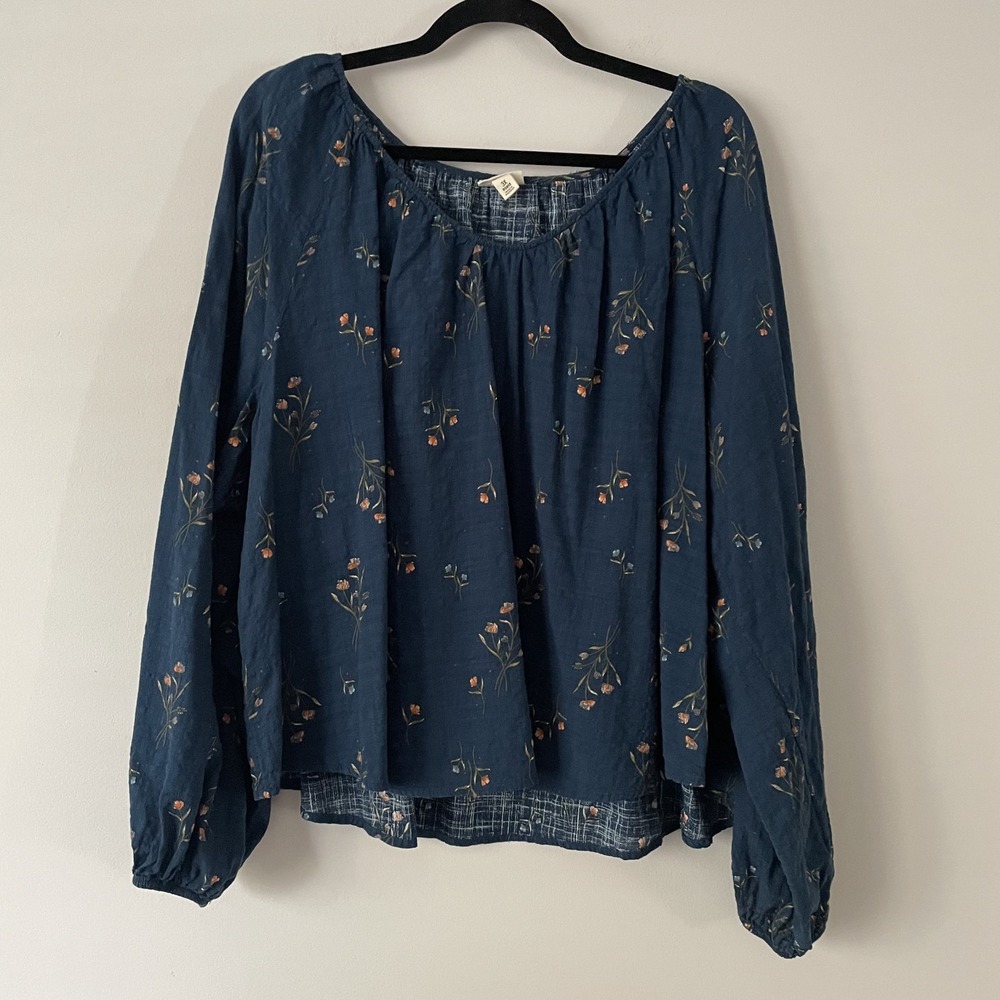 Ana Cotton Blend‎ Floral Long Sleeve Blouse Blue 3X Balloon Sleeve Cottage Boho